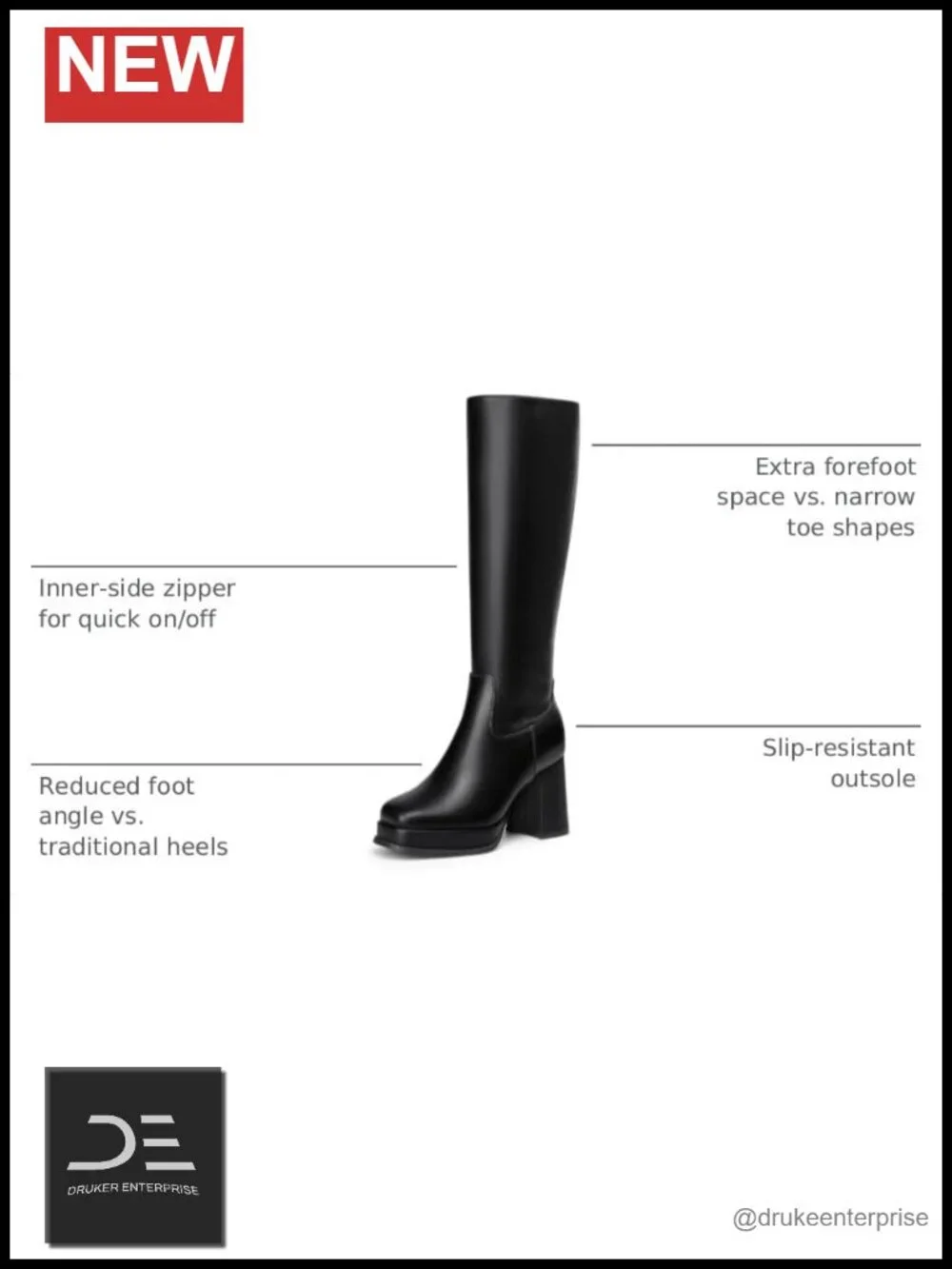 Women's Square Toe Chunky Heel Platform Knee High Boots with Side Zip PU Leather